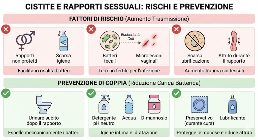 Diagramma effetto ping-pong cistite: ciclo di reinfezione tra partner sintomatico e portatore sano asintomatico.