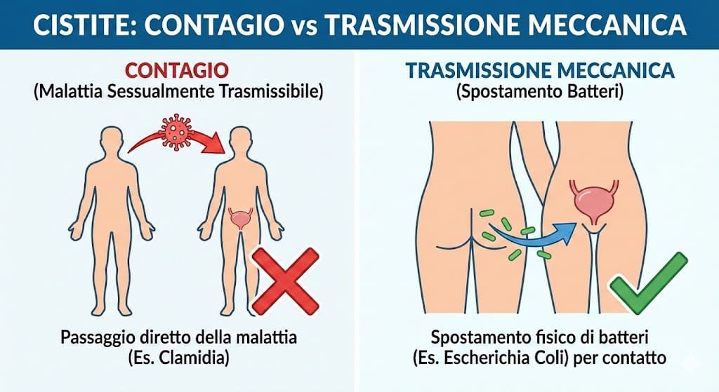 Infografica differenza tra contagio diretto MST e trasmissione meccanica dei batteri nella cistite post-coitale