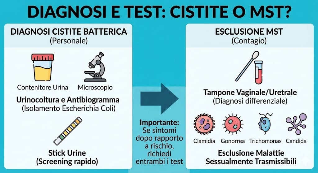 Confronto esami diagnostici: urinocoltura per cistite batterica vs tamponi uretrali per escludere malattie sessualmente trasmissibili.